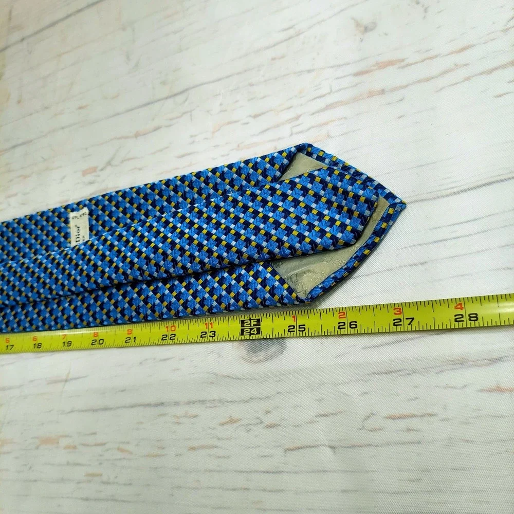 Christian Dior Mens Tie Vintage‎ Geometric Pattern Necktie Blue Yellow